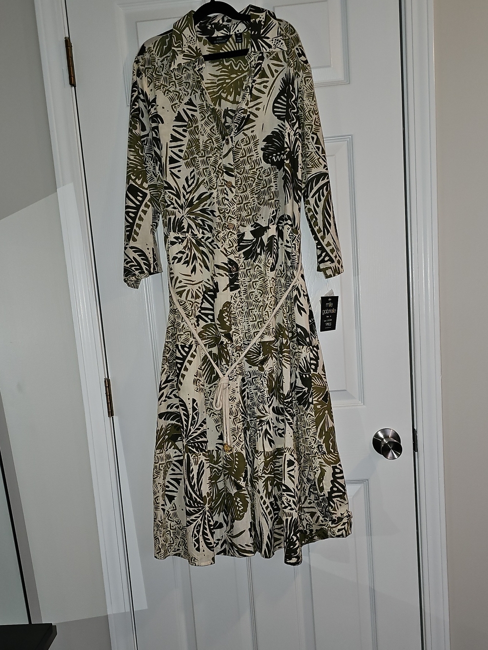 Mlle Gabrielle Olive and Cream Botanical Print 3/4 Sleeve Shirt Dress